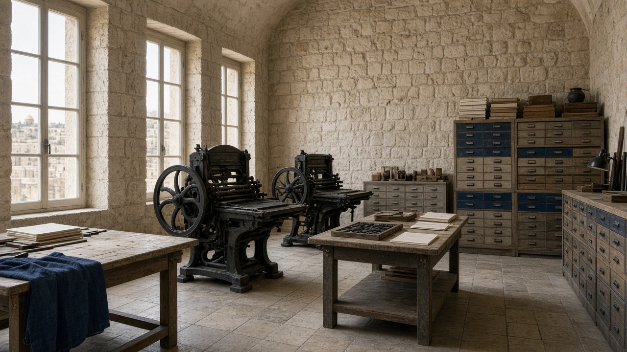 The press room with iron machines, type cabinets, and drying racks