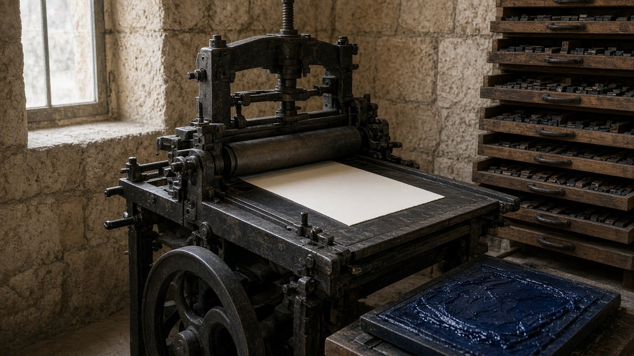 Iron cylinder press in north light, with a composed Hebrew form on the bed