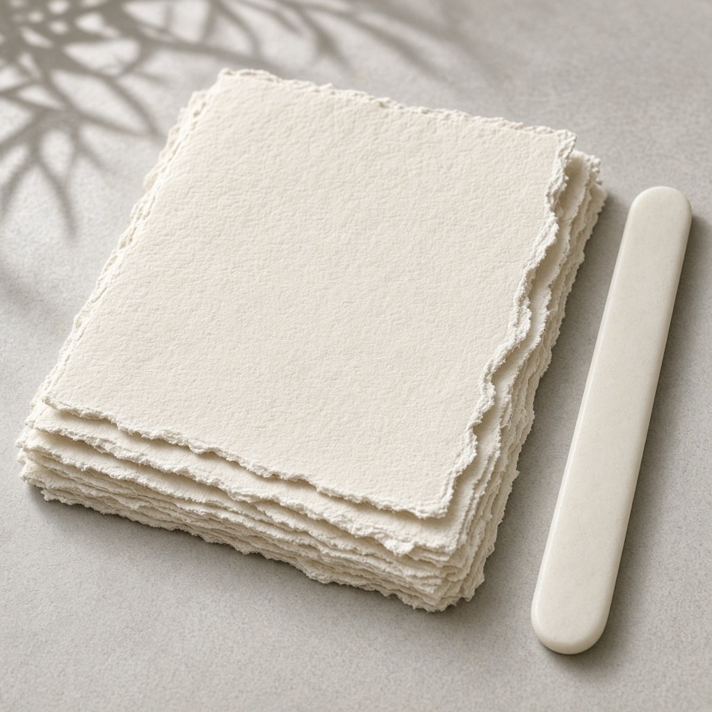 Stack of cotton paper with a deckle edge beside a bone folder