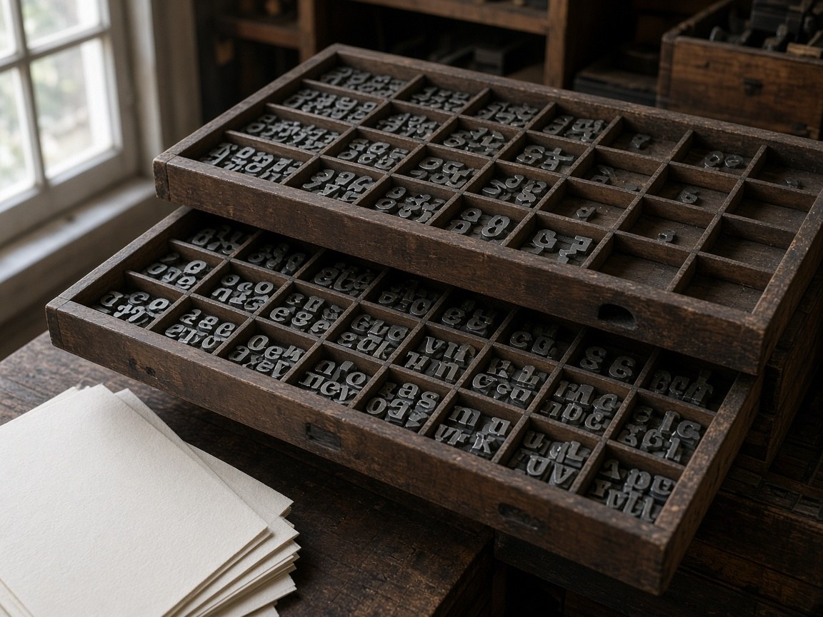 Open wooden type case with Hebrew sorts arranged in compartments